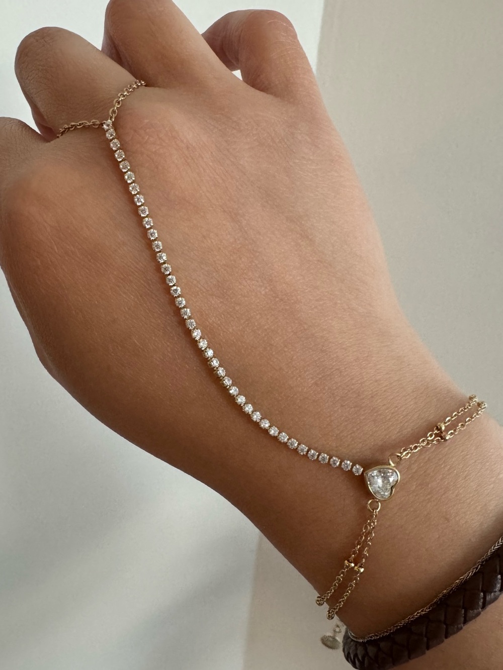 Tennis Style Heart CZ Gold Tone Hand Chain Stainless Steel Adjustable